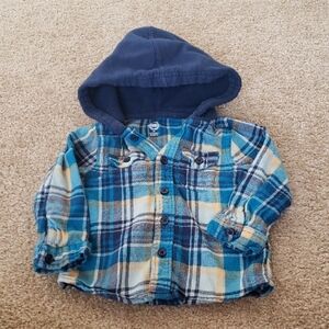 Wonder Nation 2T Plaid Flannel Hooded Shirt Boys Toddler Blue Yellow Button Down
